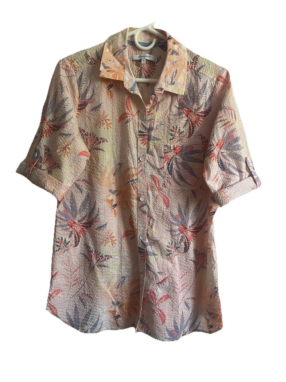Foxcroft NYC Womens 10 Pink Tropical Seersucker Button Up Shirt Roll Tab Cotton